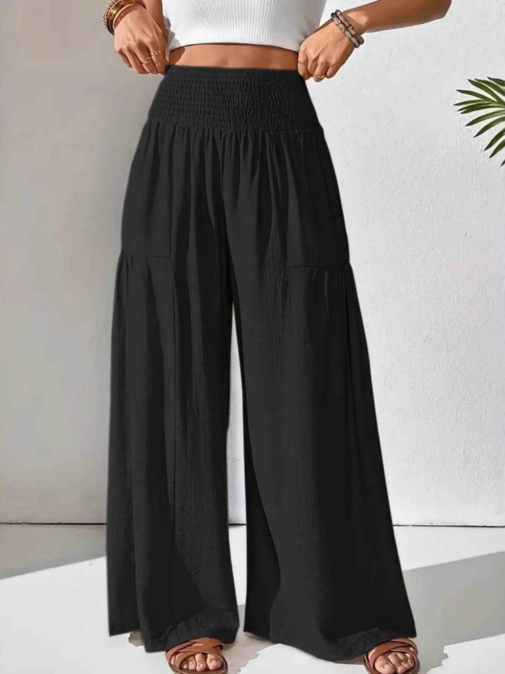 Smocked Waist Wide Leg Pants.