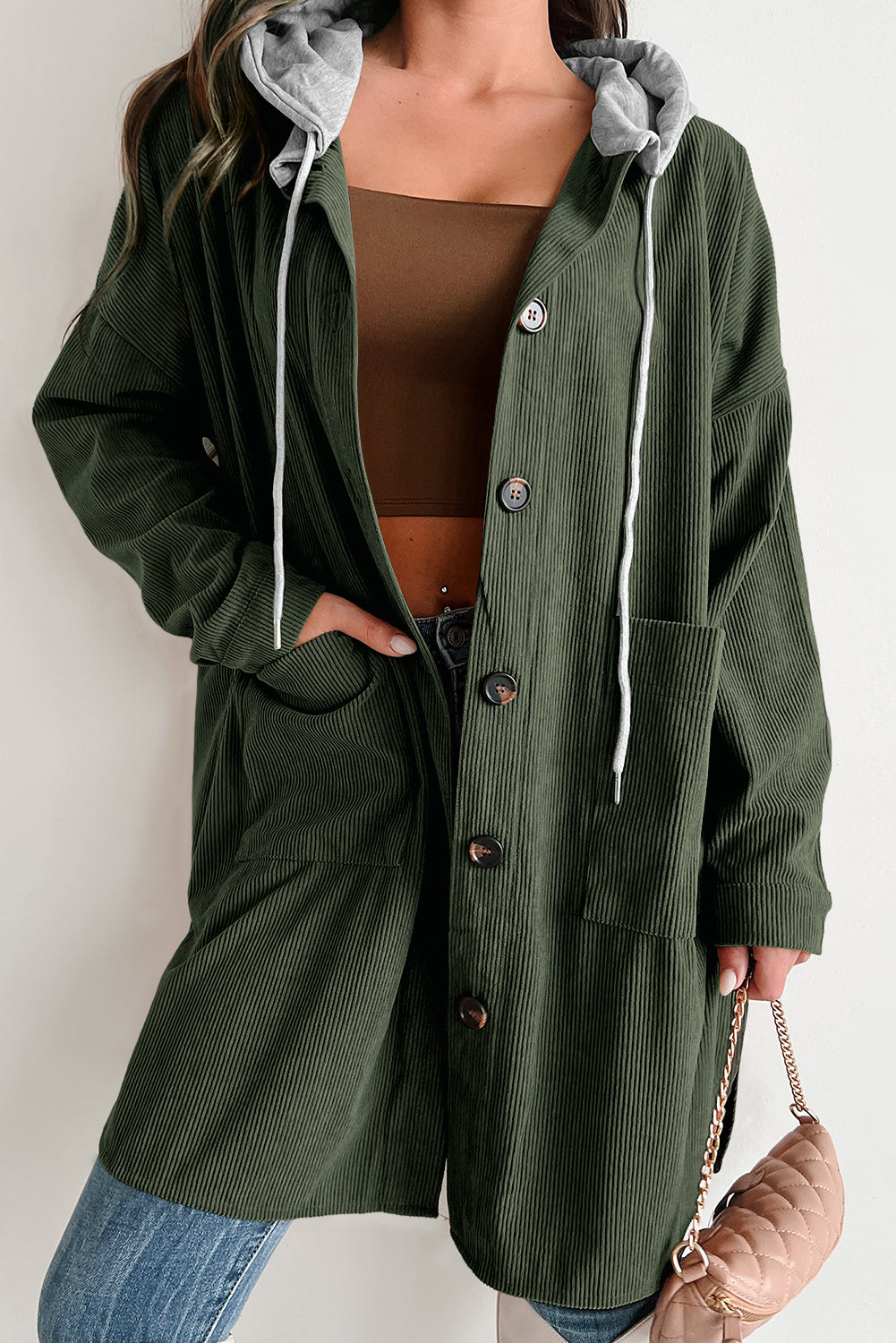 Jungle Green Oversized Corduroy Contrast Hooded Shacket Dear-Lover Dropshipping