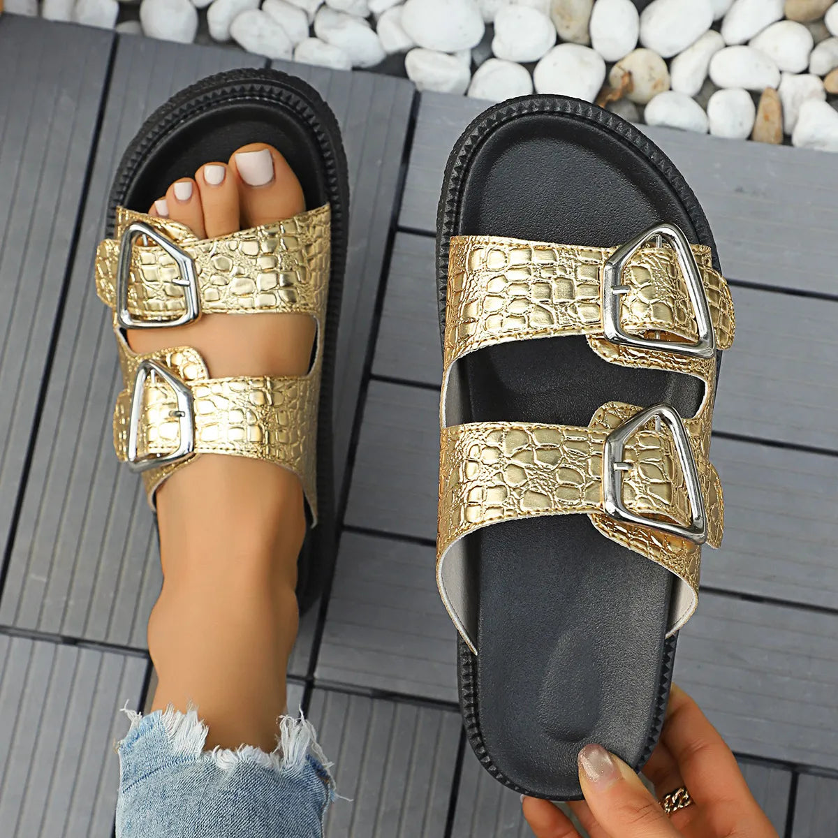 Double Buckle Platform women Sandals.