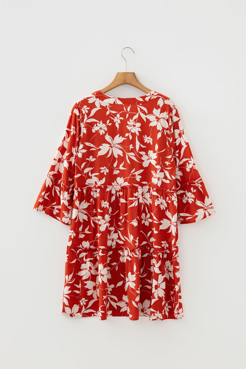 Red Boho Floral Print Lettuce Trim 3/4 Sleeve Mini Dress
