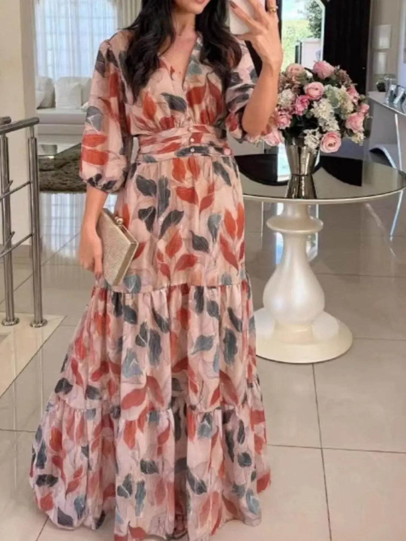 Full Size Printed V-Neck Maxi Dress with Tiered Hemline Plus Size.