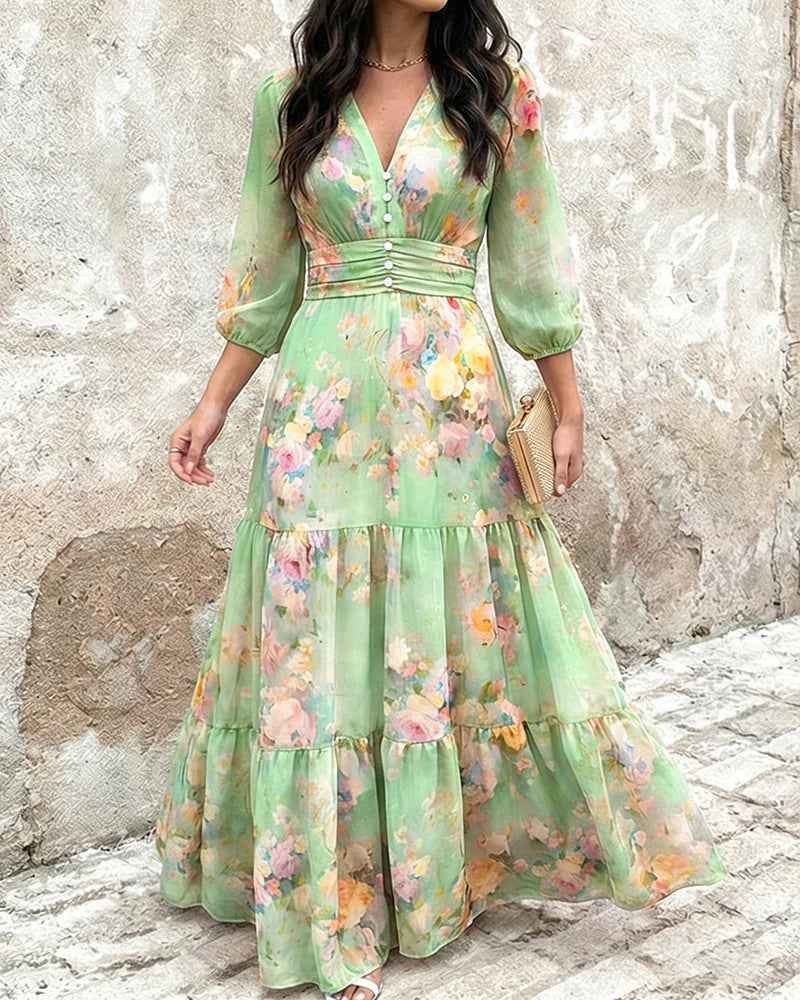 Three-quarter-sleeve Layered Ruffled Waist-cinching Dress