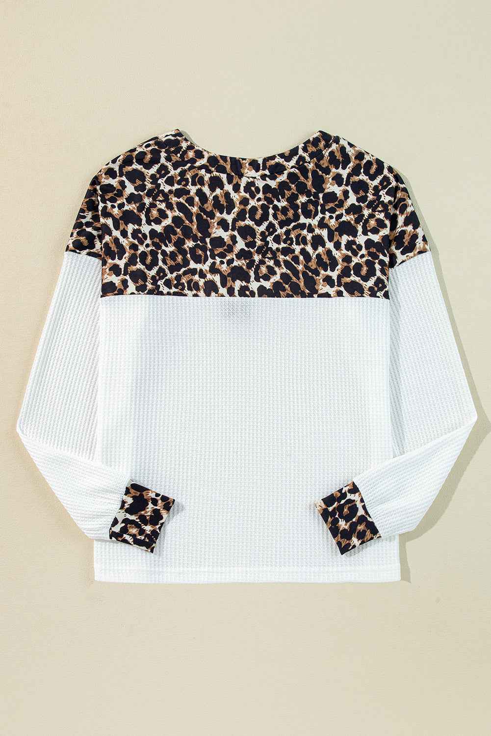 White Leopard Waffle Knit Patchwork Button V Neck Top