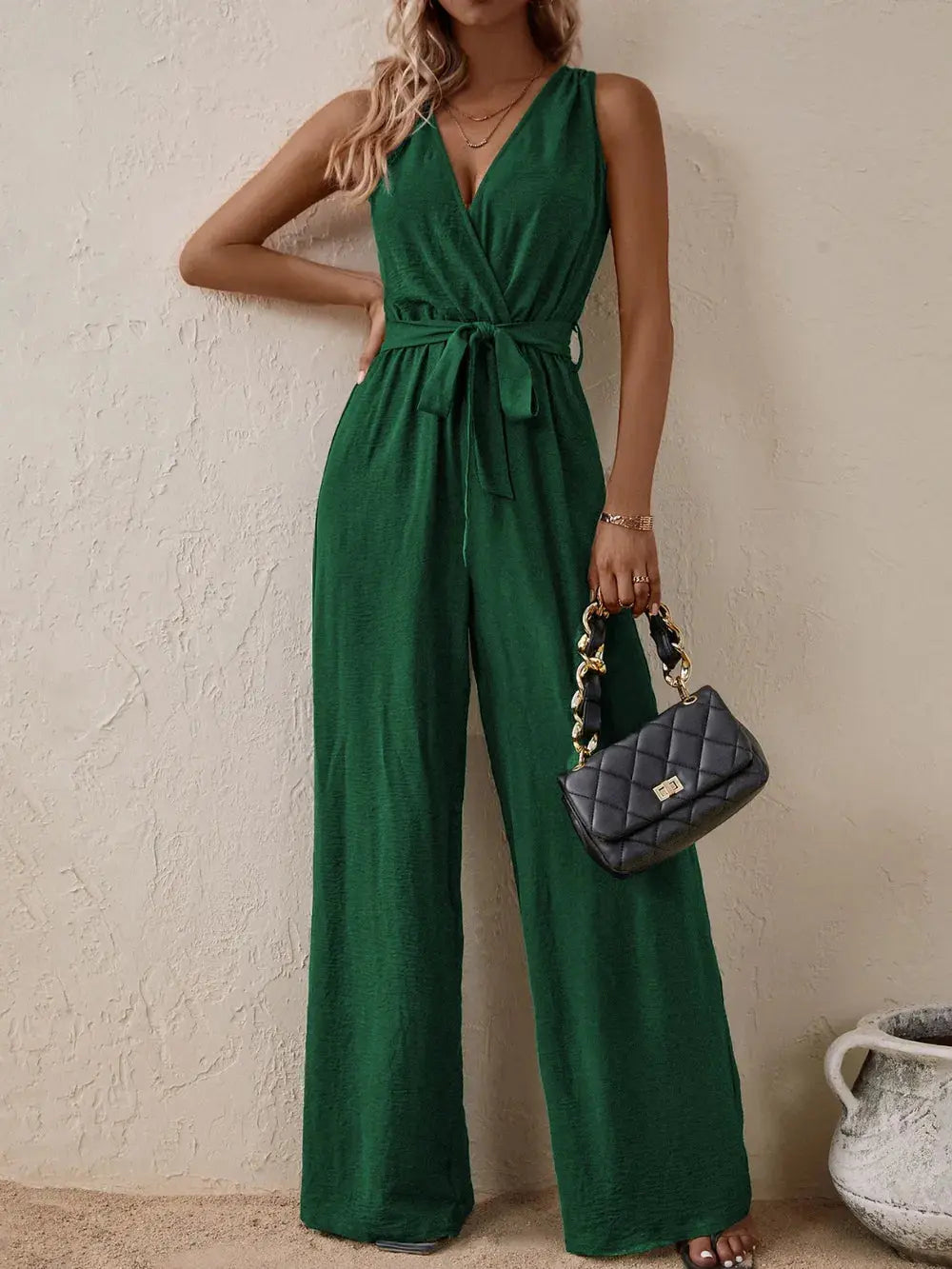Honey Tied Surplice Sleeveless Wide Leg Jumpsuit.