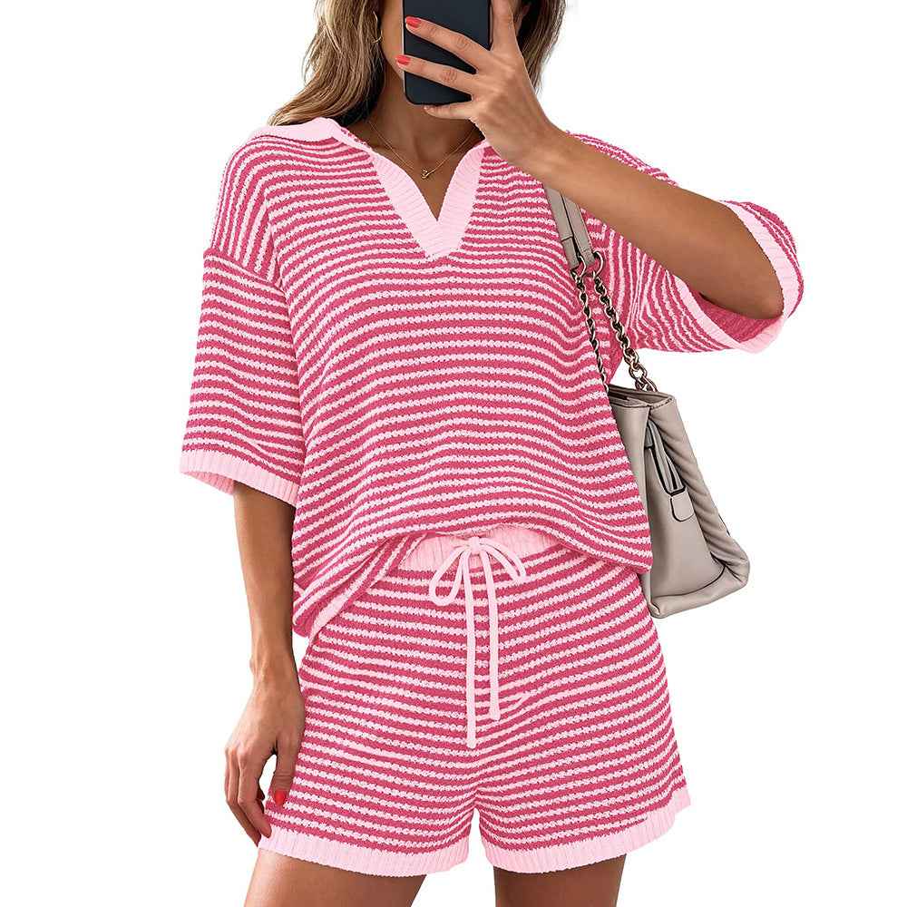 Casual Striped Short-sleeve Sweater And Pants Set
