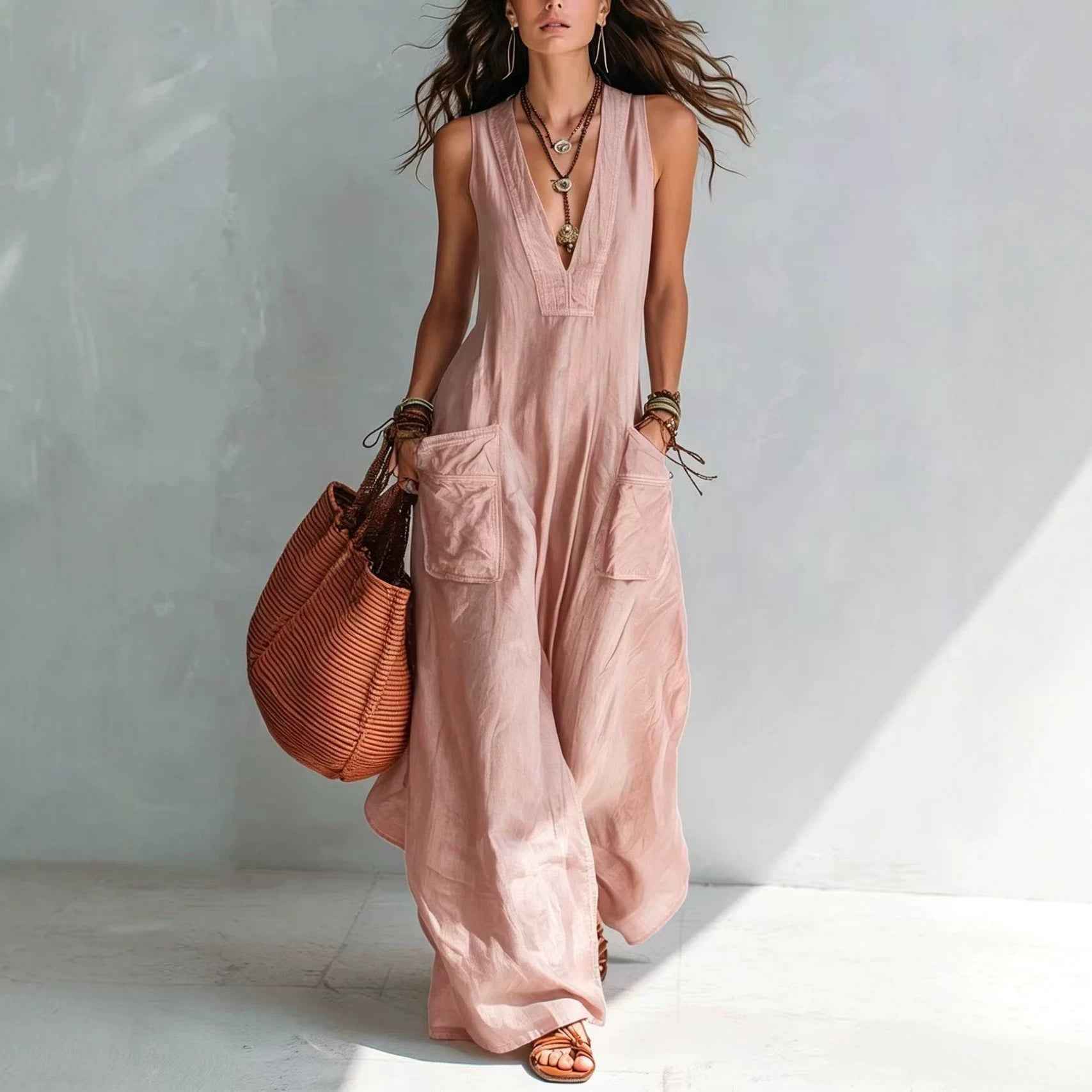 Solid-color Wide-pocket Jumpsuit For Women