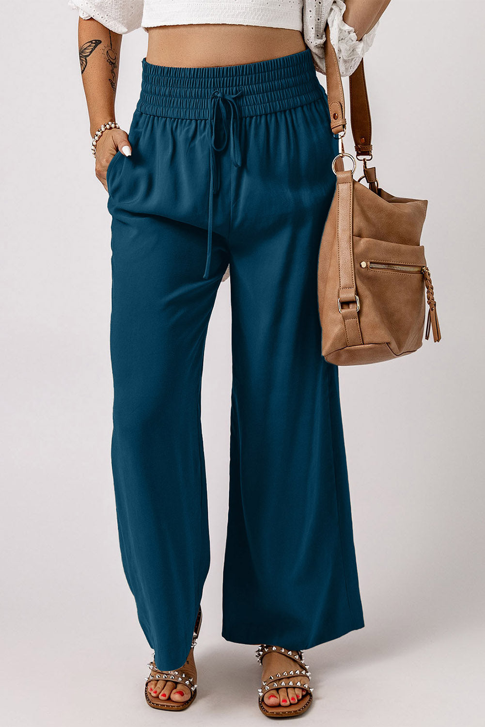 Blue Drawstring Elastic Waist Casual Wide Leg Pants Dear-Lover Dropshipping