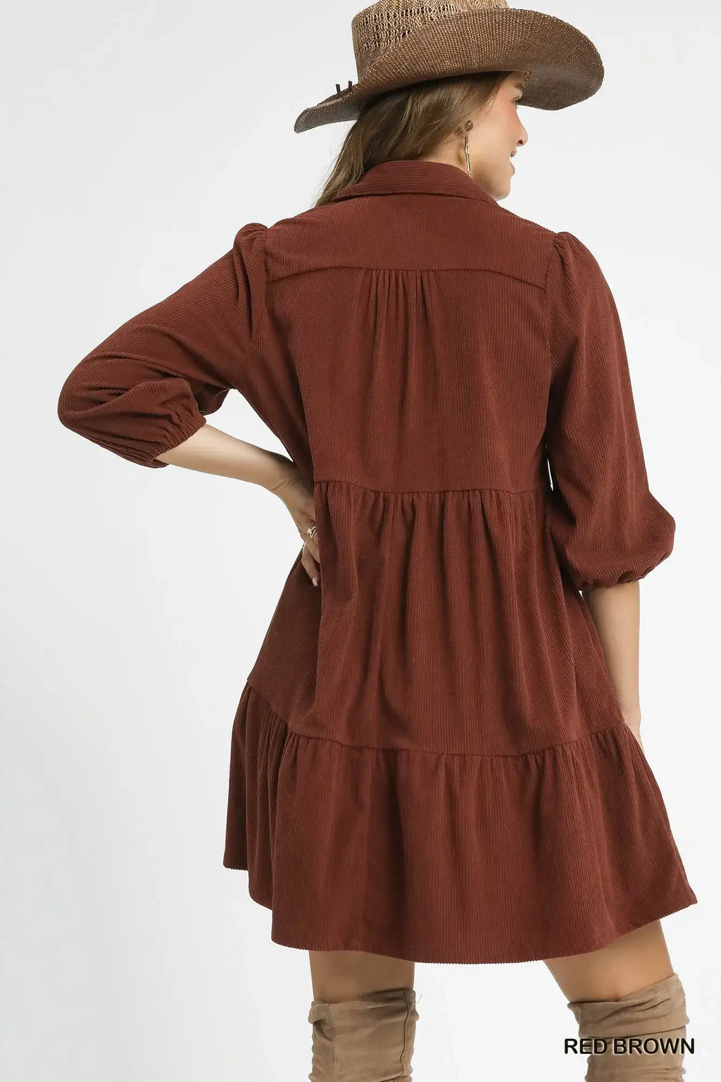 Umgee Tiered Corduroy Mini Dress with Balloon Sleeves.