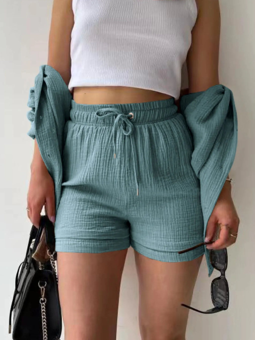 Textured Button Up Shirt and Shorts Set.