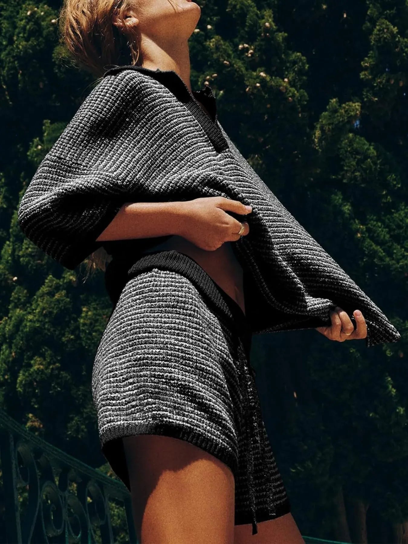 V neck Top and Shorts Sweater Set.