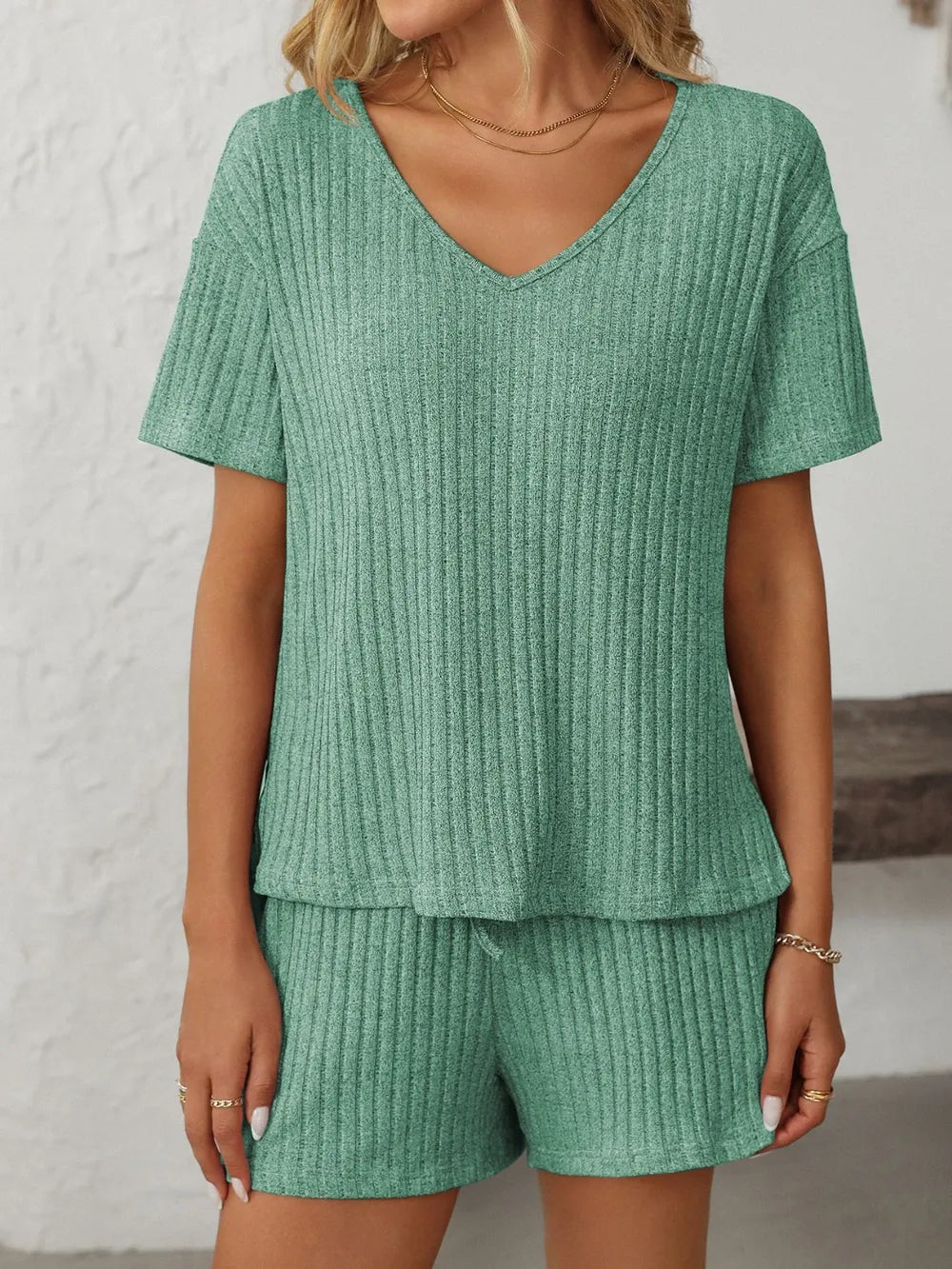 V-Neck Short Sleeve Top and Shorts Set.