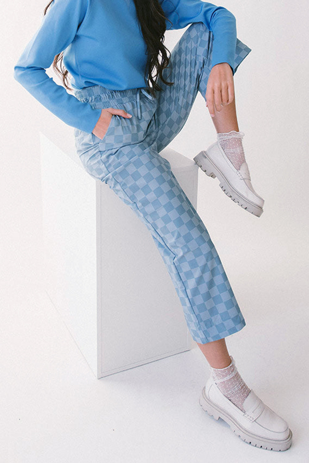 Sky Blue Checkered Elastic High Waist Loose Casual Pants Dear-Lover Dropshipping
