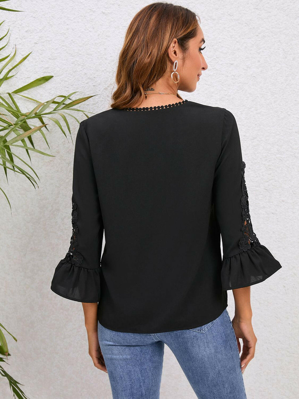 V-Neck Lace Detail Sleeve Blouse.