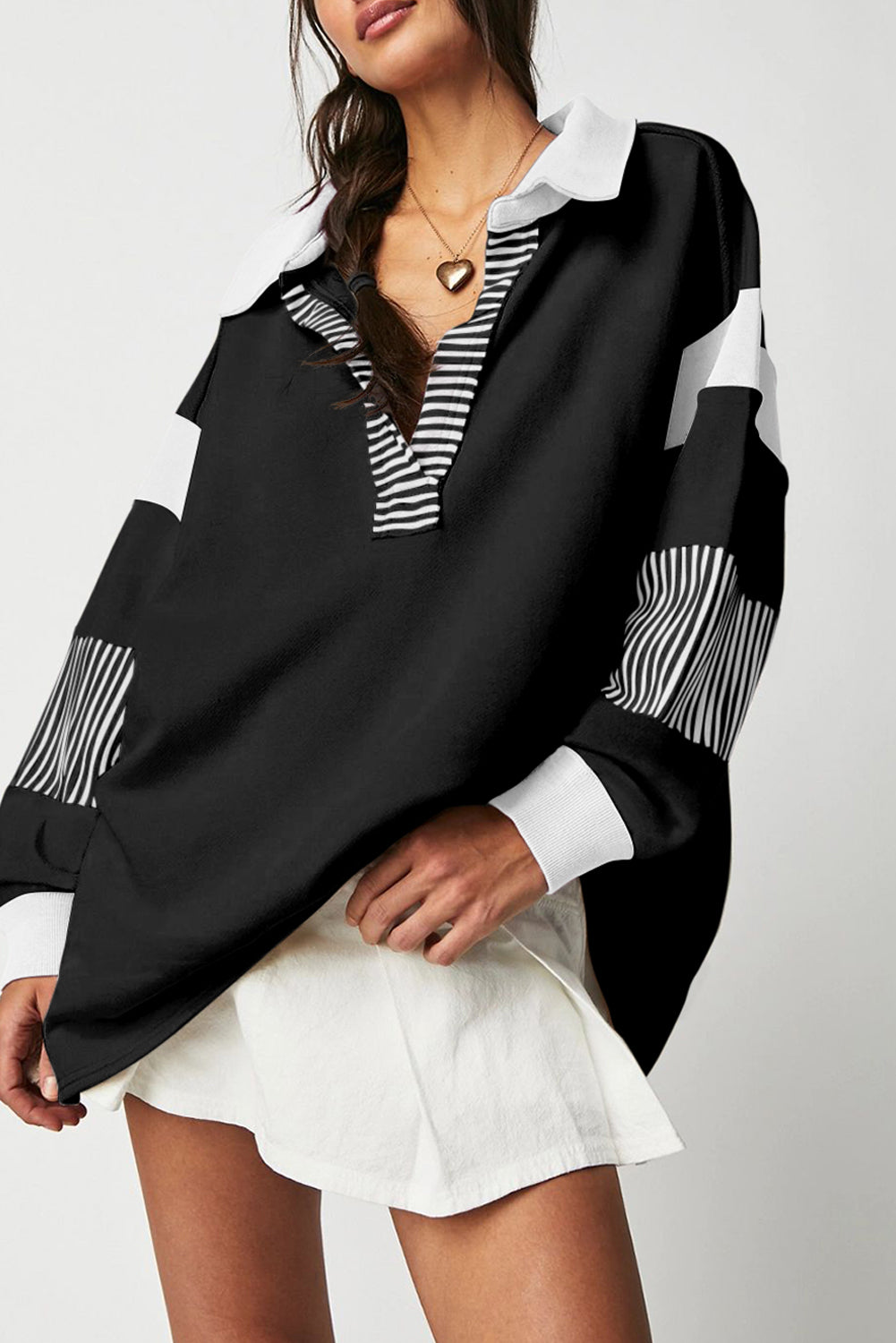 Black Striped Colorblock Patchwork Collar Sweatshirt Dear-Lover Dropshipping