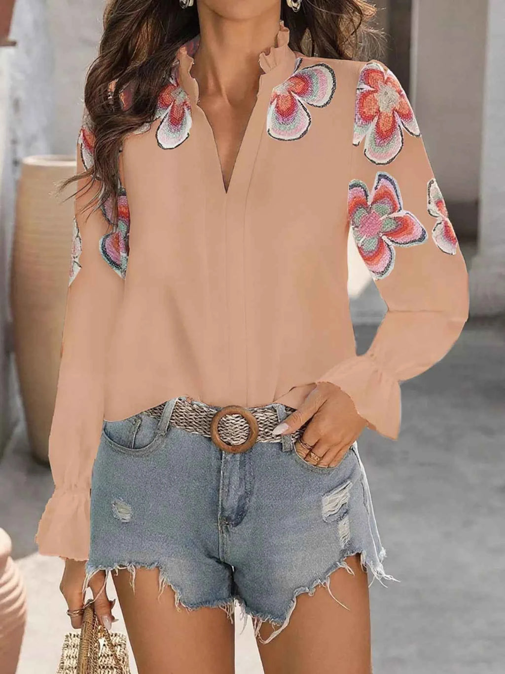 Floral Embroidered Notched Long Sleeve Blouse
