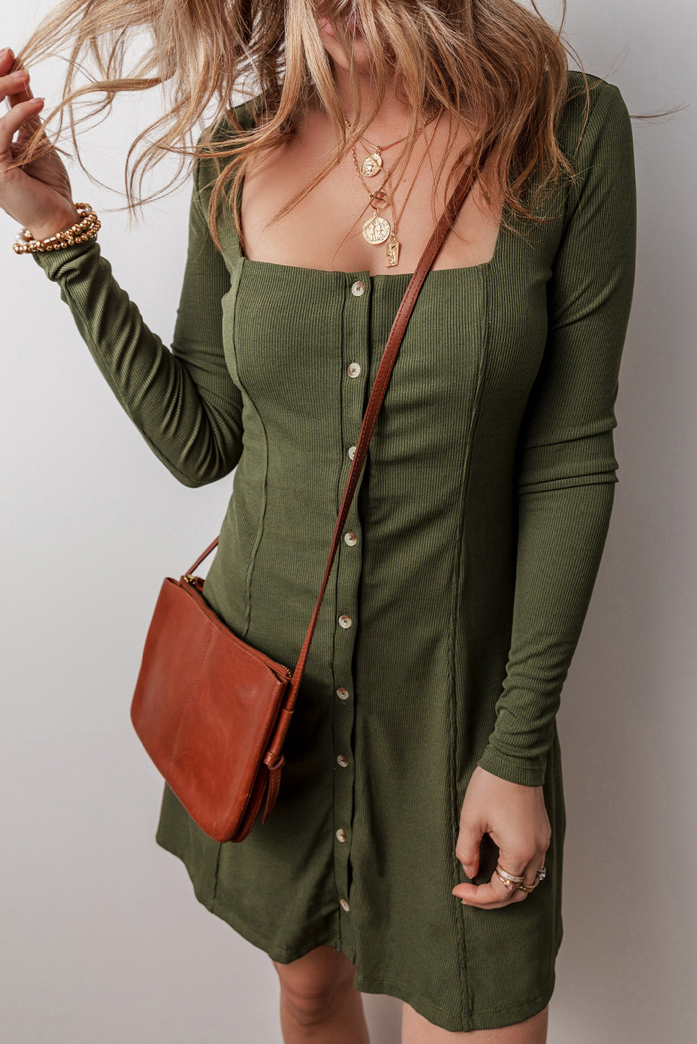 Guacamole Green Rib Knit Square Neck Buttoned Long Sleeve Mini Dress Dear-Lover Dropshipping