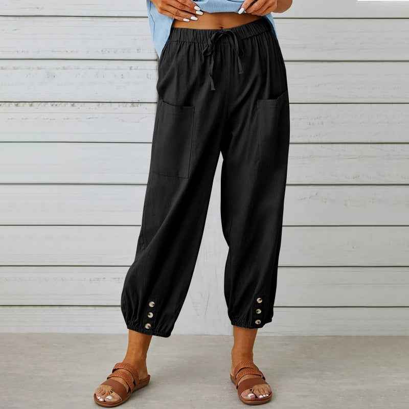 High Waist Cotton Linen Wide Leg Nine Point Pants For Women