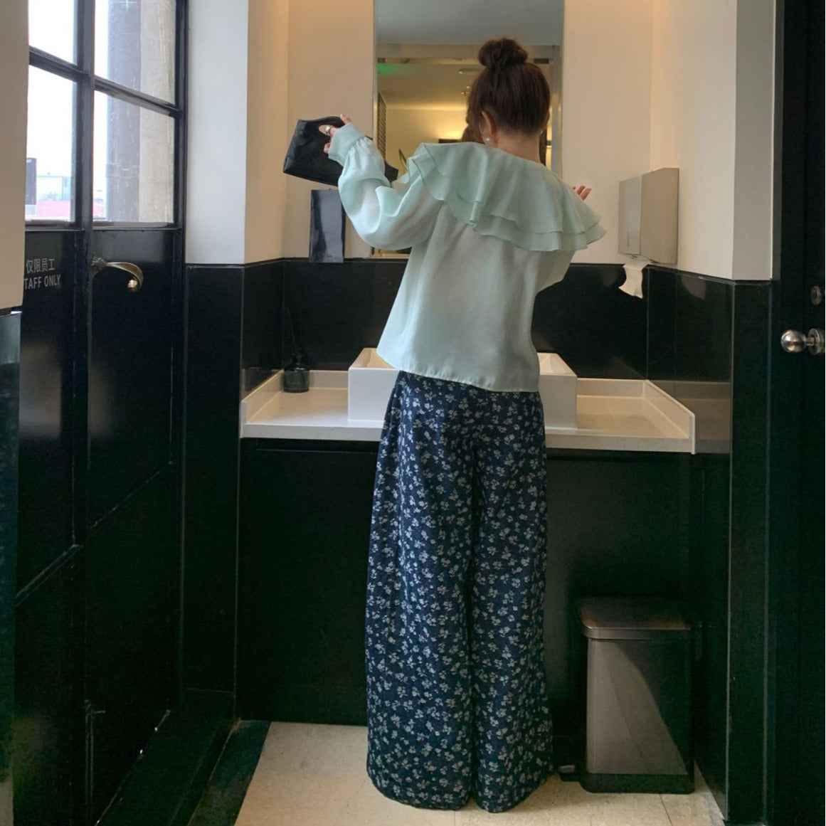 Retro wide leg high waist floral jeans for women