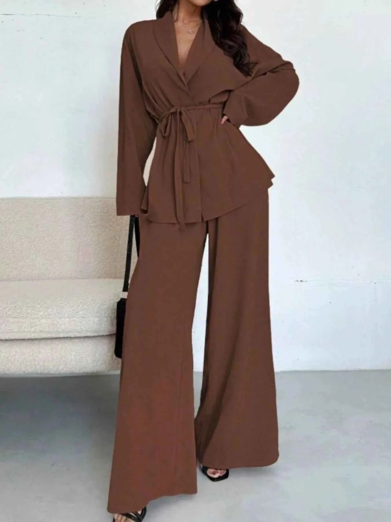 Front Tied Shirt and Wide-Leg Pants Set