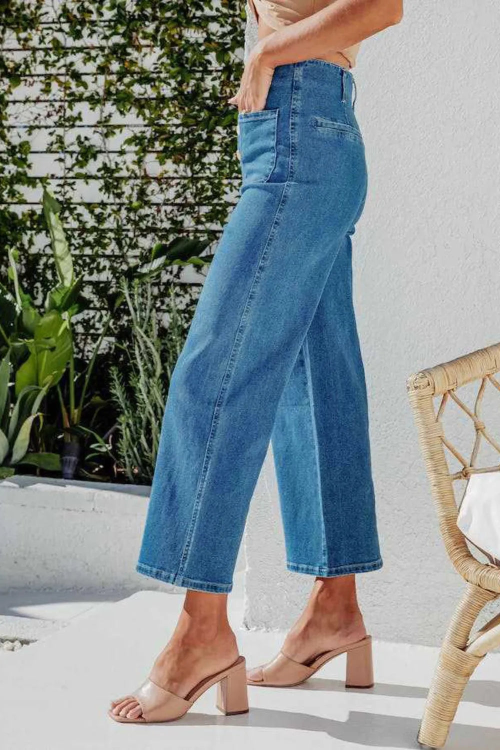Button Fly Cropped Wide Leg Jeans.