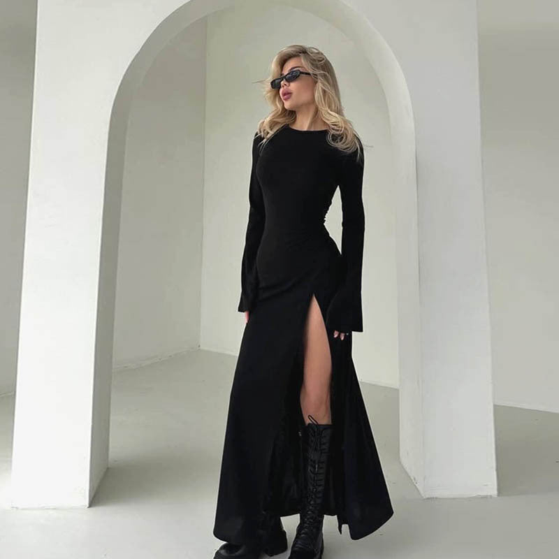 Sexy slit slightly flared long sleeved collar dress for women