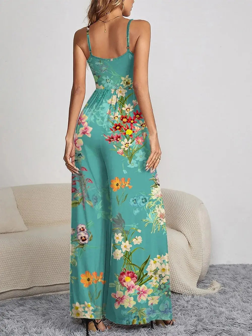 FAM-FAM Decorative Button Spaghetti Strap Wide Leg Jumpsuit.