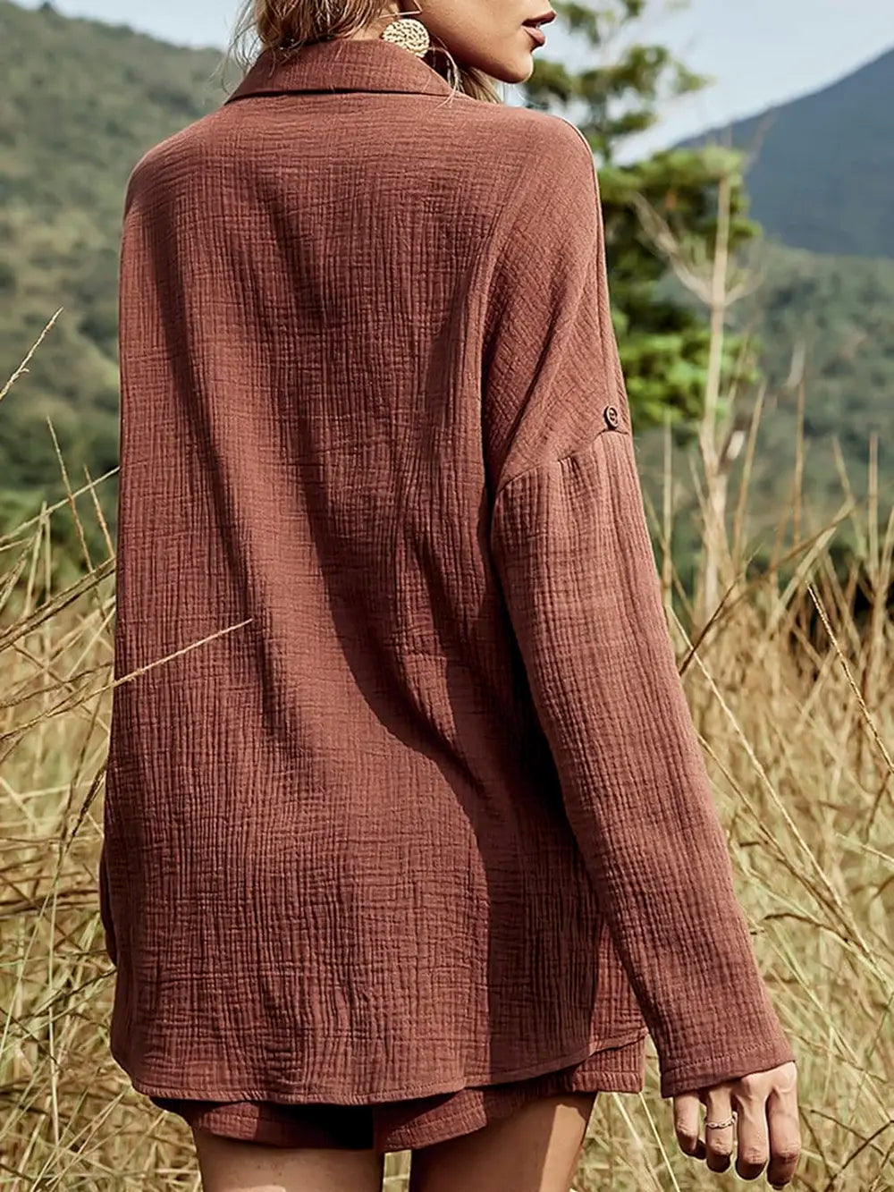 Texture Button Up Shirt and Shorts Set - CHIC TB