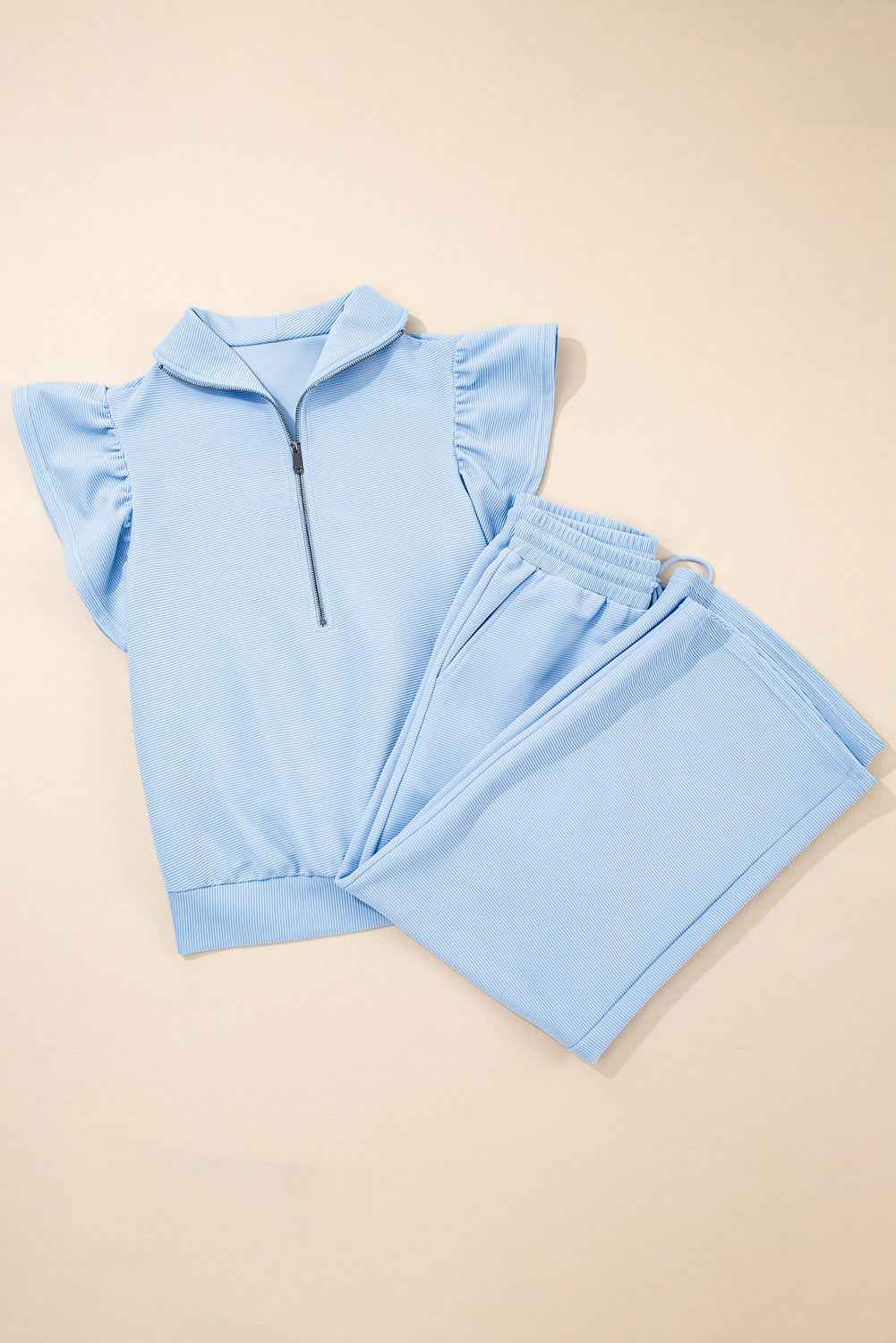 Beau Blue Textured Ruffled Sleeve Zipped Top and Wide Leg Pants Set
