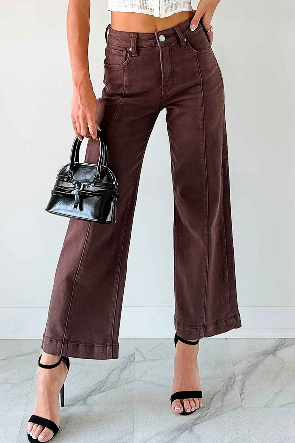 Red Sandalwood Solid Color Seamed Center Wide Leg Cropped Jeans