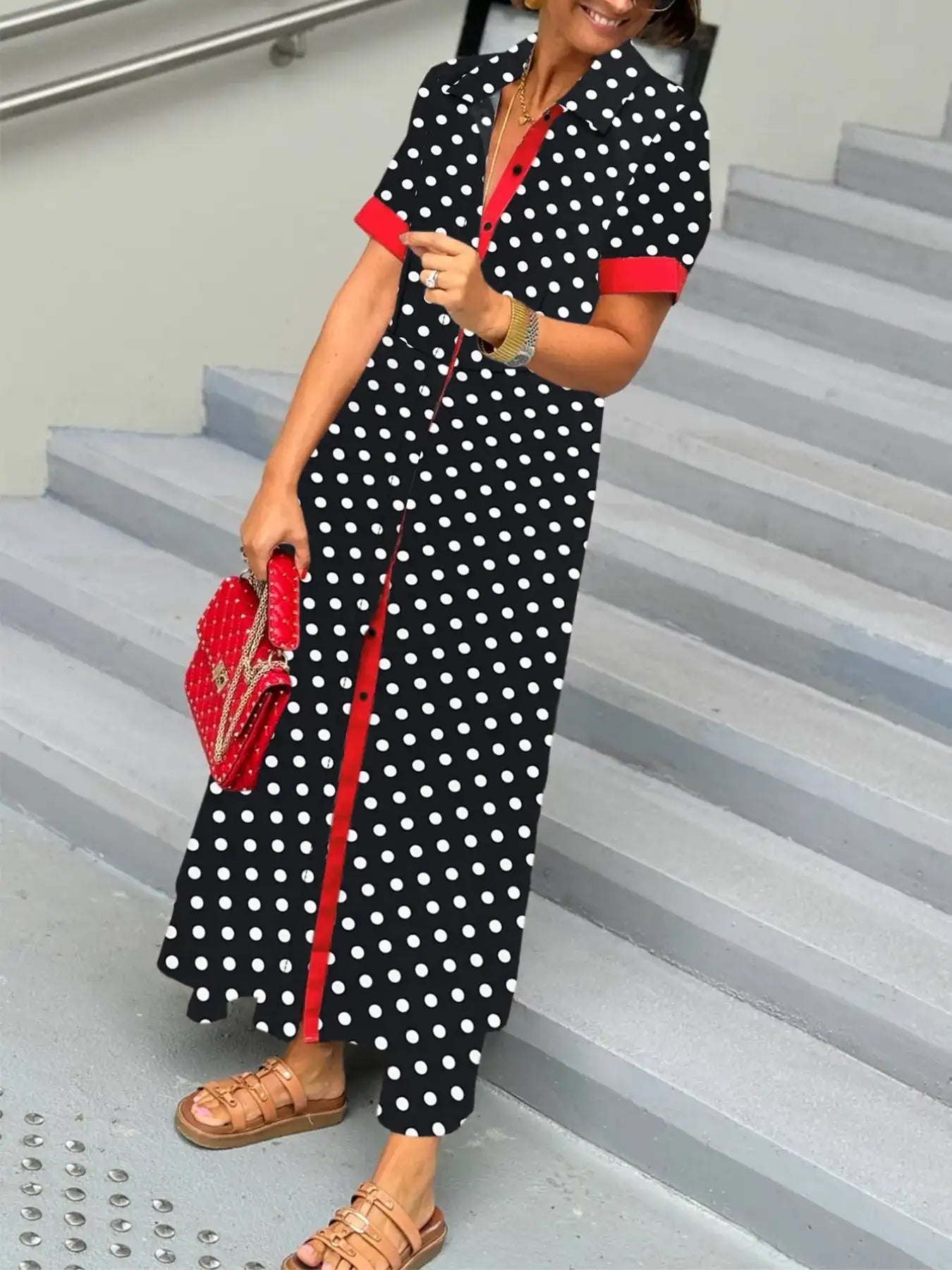 Polka Dot Short Sleeve Maxi Shirt Dress.