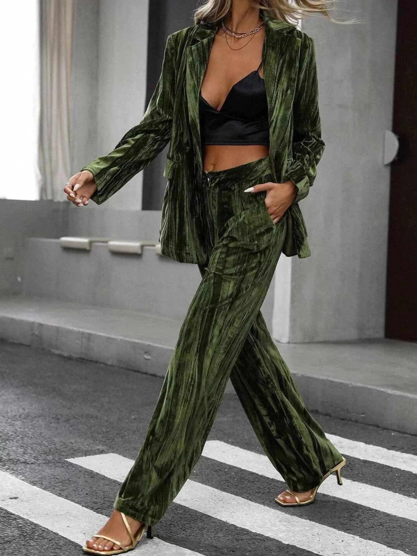 Lapel Collar Long Sleeve Blazer and Pants Set