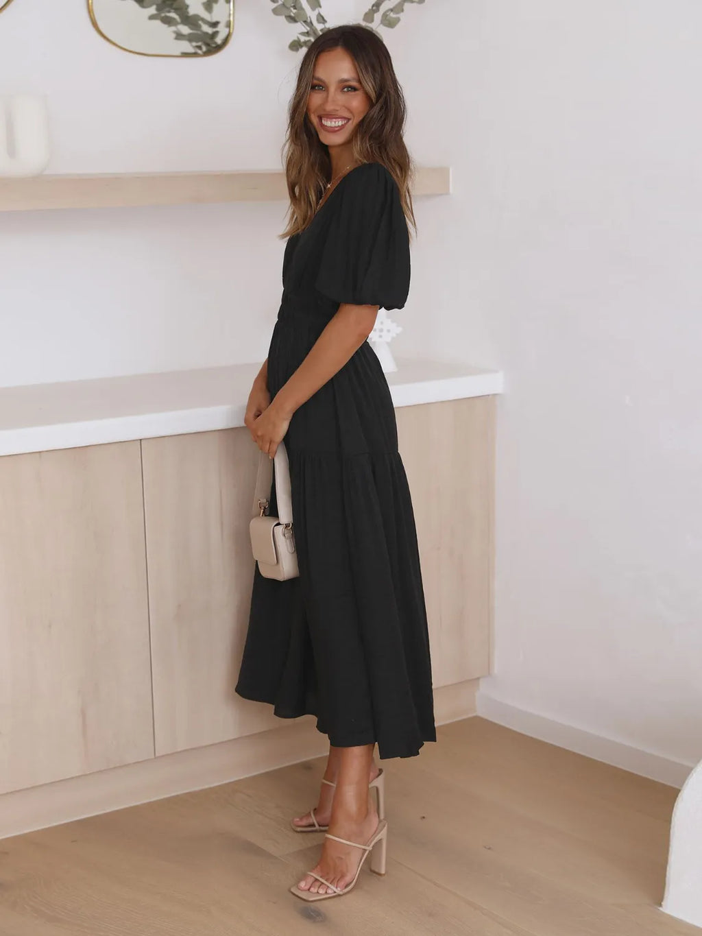 Tiered Surplice Half Sleeve Midi Dress.