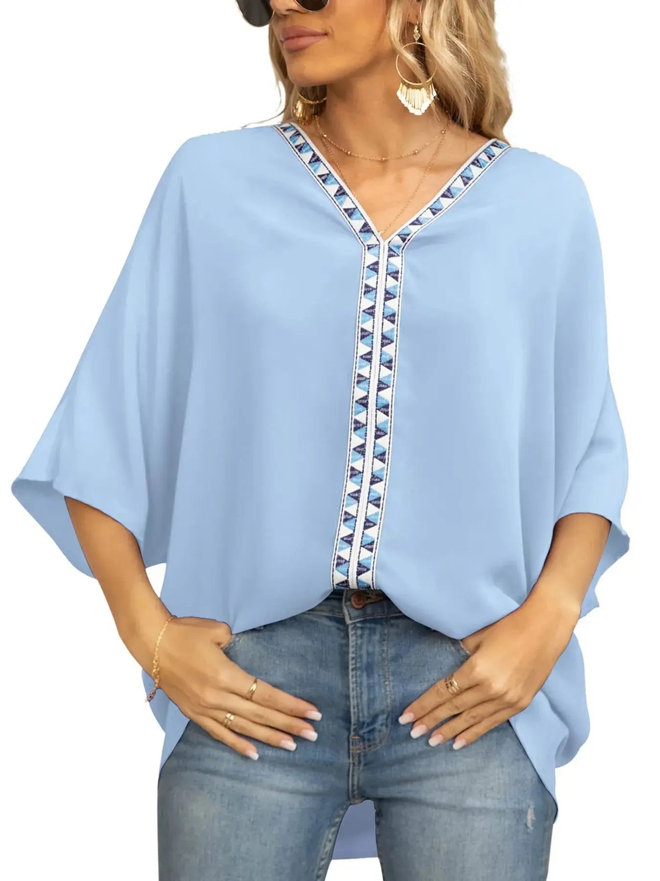 Oversized Contrast V-Neck Half Sleeve Blouse.