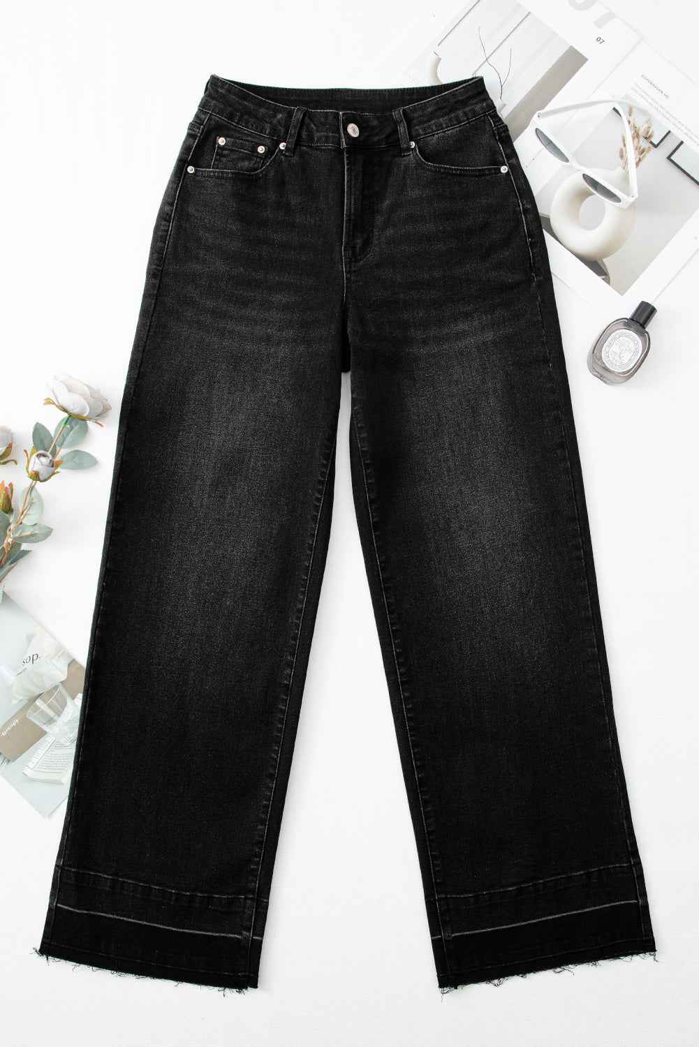 Black Raw Hem Unique Cuffs Straight High Rise Loose Jeans