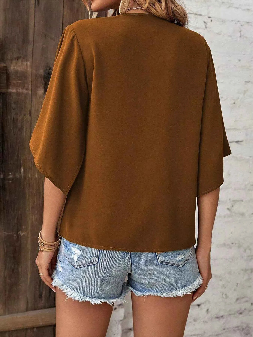 V-Neck Flutter Sleeve Blouse.