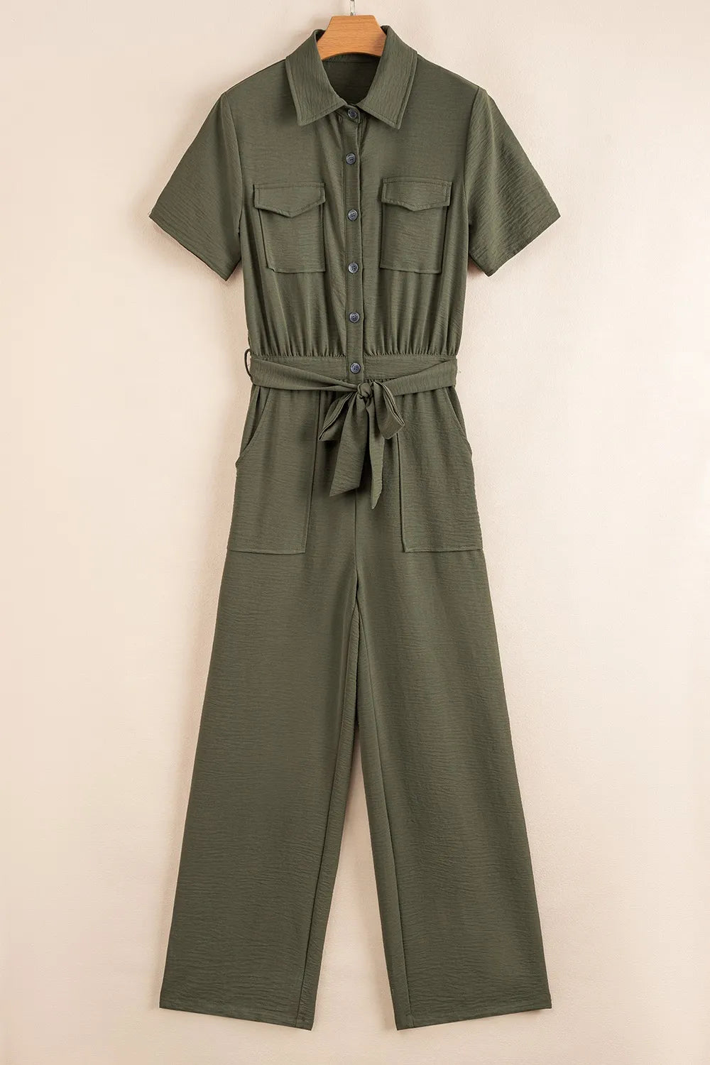 Half Button Belted Utility Short Sleeve Jumpsuit - CHIC TB