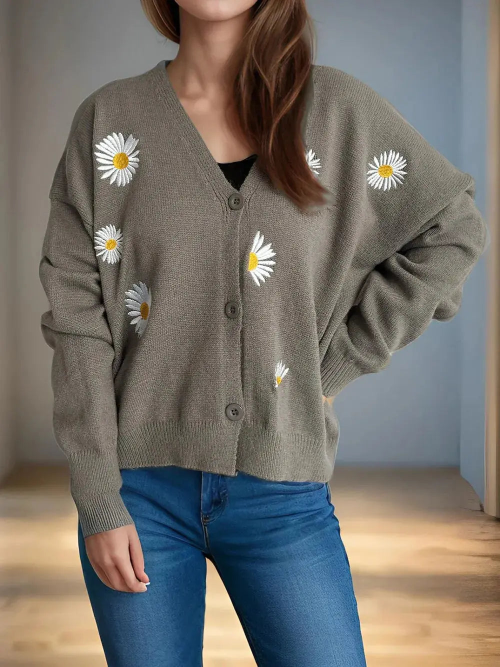 Daisy Button Up V-Neck Cardigan.
