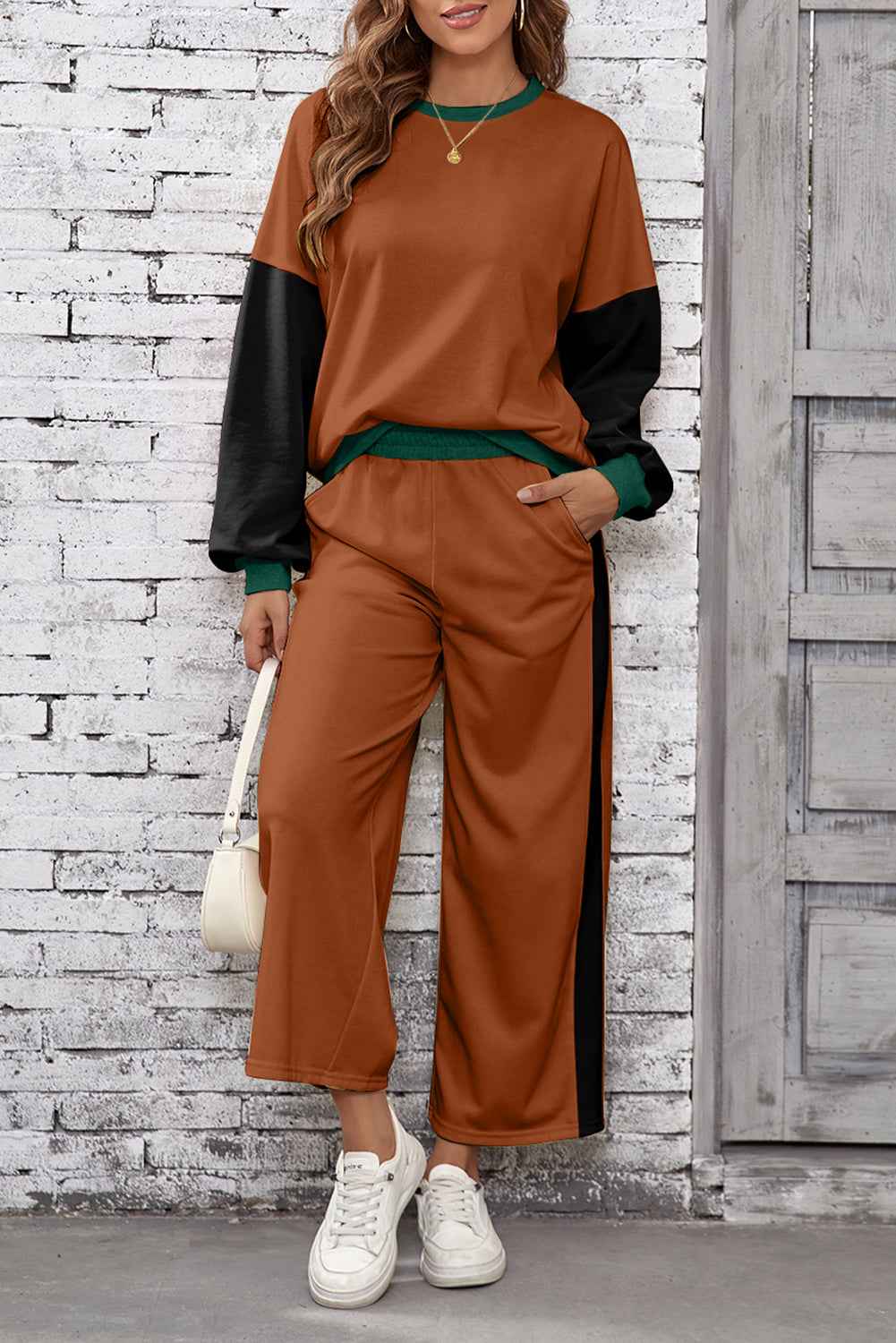 Chestnut 2pcs Color Block Pullover Loose Pant Set