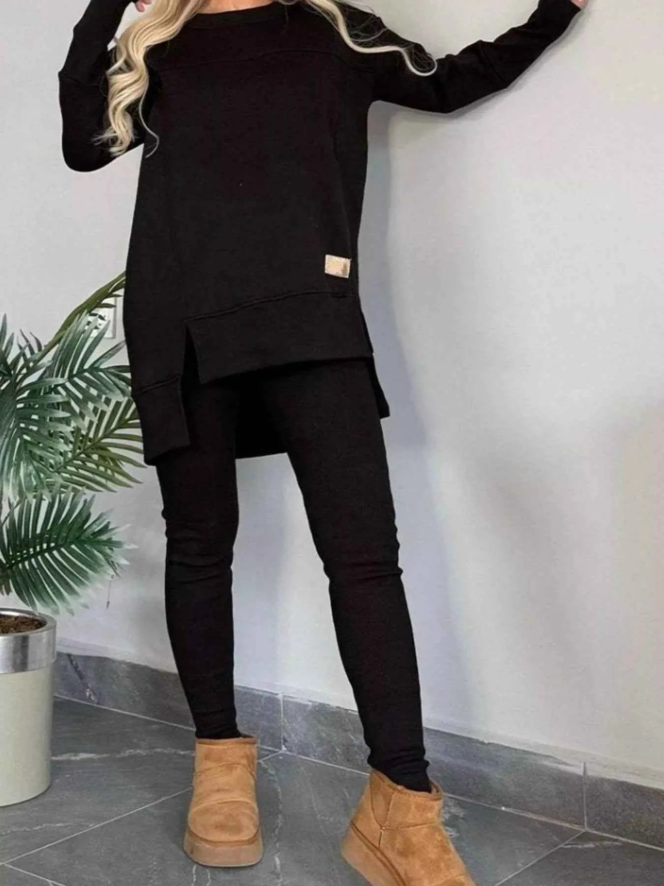 Full Size Slit Round Neck Top and Pants Set Plus Size