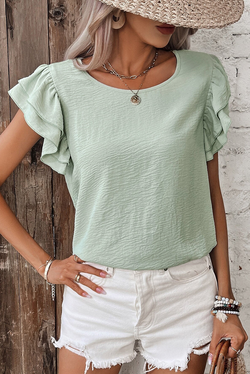 Clearly Aqua Solid Color Ruffled Short Sleeve Casual Blouse Dear-Lover Dropshipping