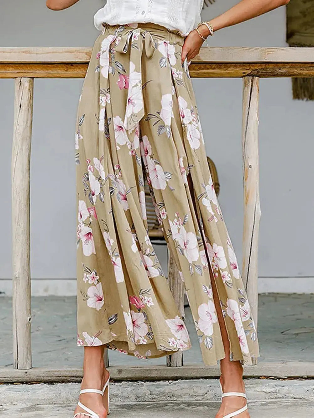 Tied Waist Slit Floral Wide leg Pants.