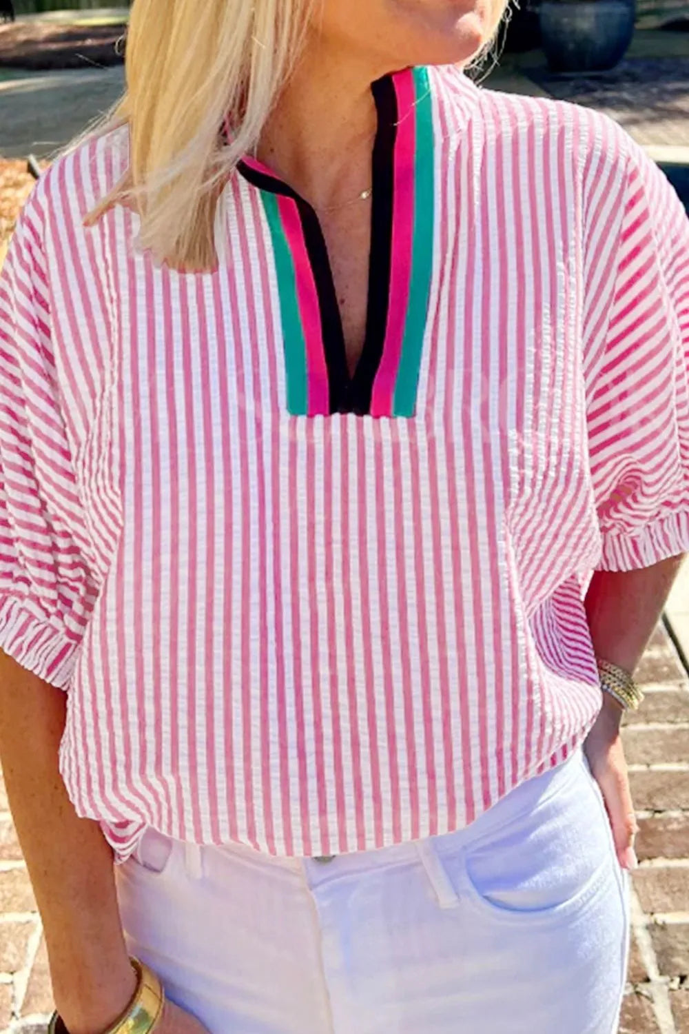 Striped Print Contrast Split Neck Dolman Sleeve Blouse.