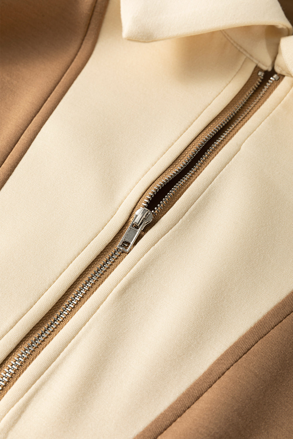 Simply Taupe Half Zipper Collared Colorblock Short Sleeve Top Dear-Lover Dropshipping