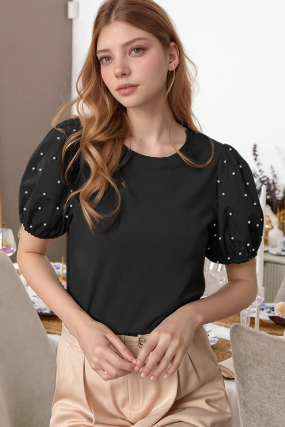 Pearl Detail Round Neck Short Sleeve Blouse.