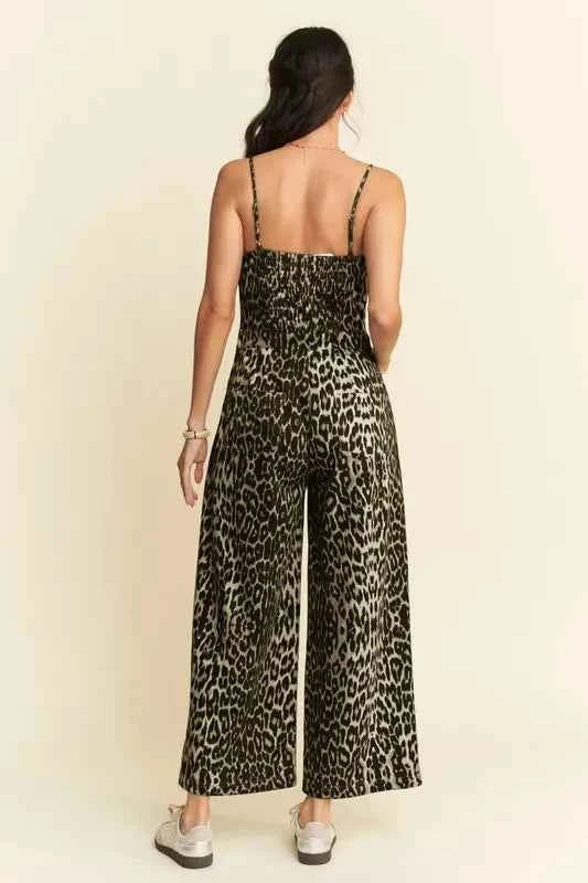Davi & Dani Leopard Spaghetti Straps Wide Leg Jumpsuit