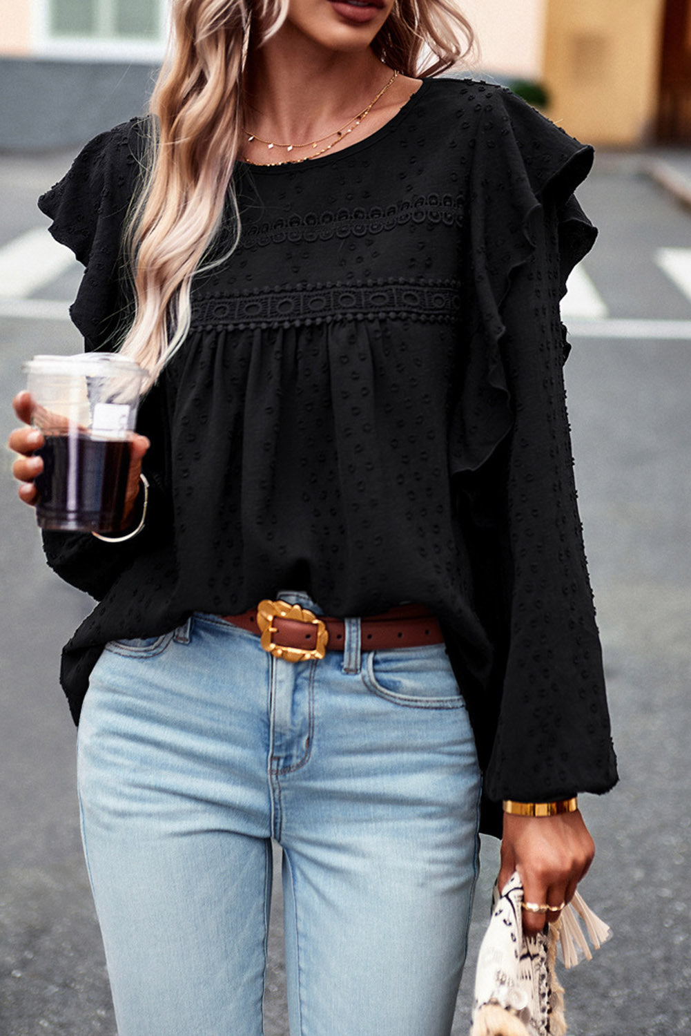 Black Lace Eyelet Ruffle Shoulder Long Sleeve Blouse Dear-Lover Dropshipping