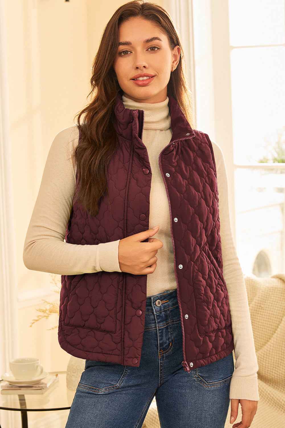 Wild Ginger Flower Shape Quilted Snap Button Zip Up Winter Vest