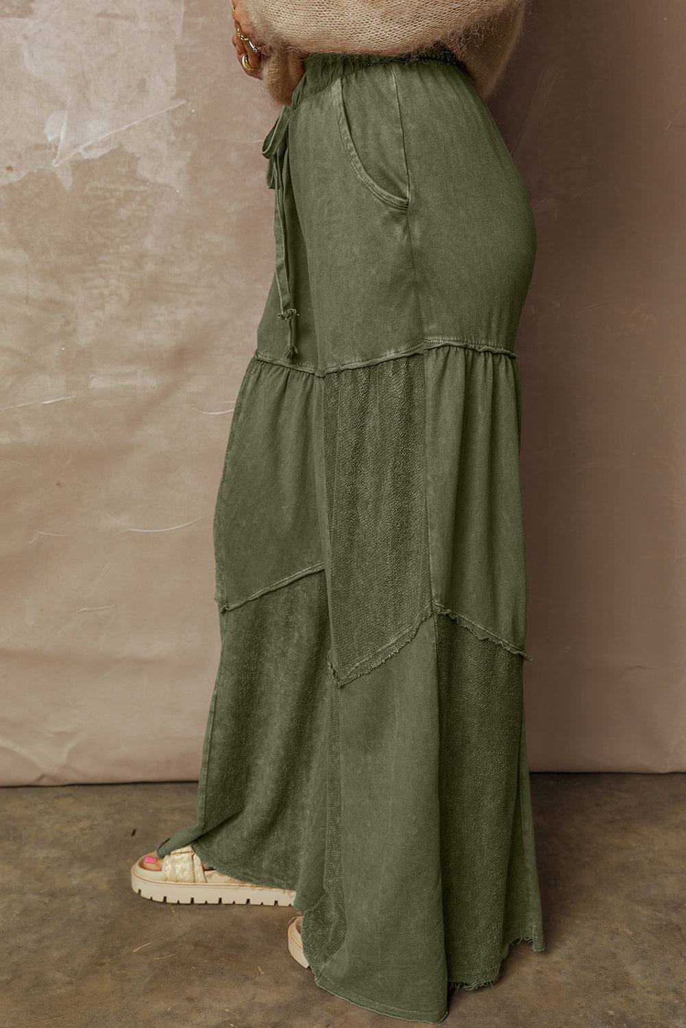 Vineyard Green Mineral Wash Tiered Wide Leg Patchwork Drawstring Pants Dear-Lover Dropshipping