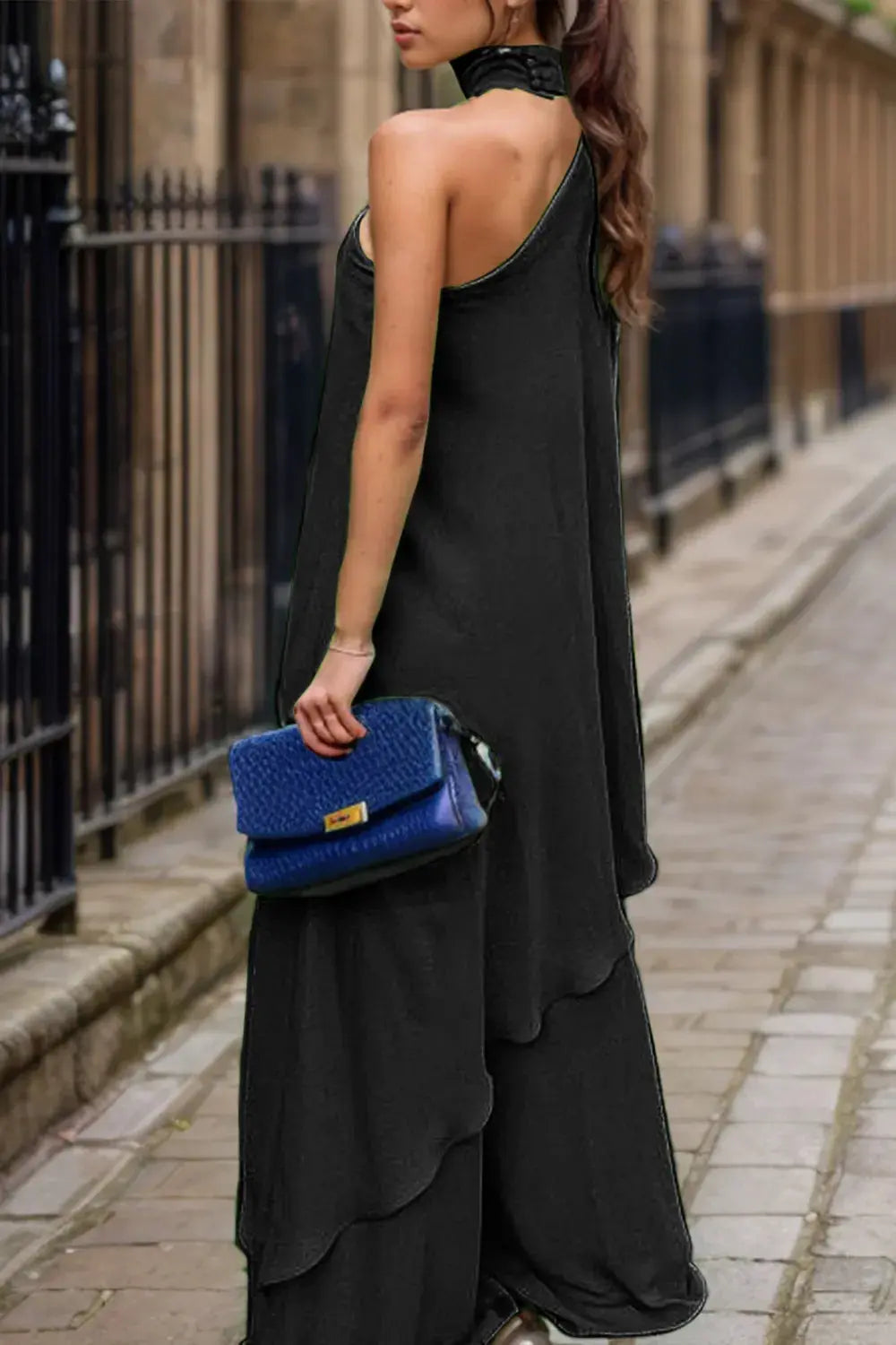 Mock Neck Single Shoulder Top and Pants Set.