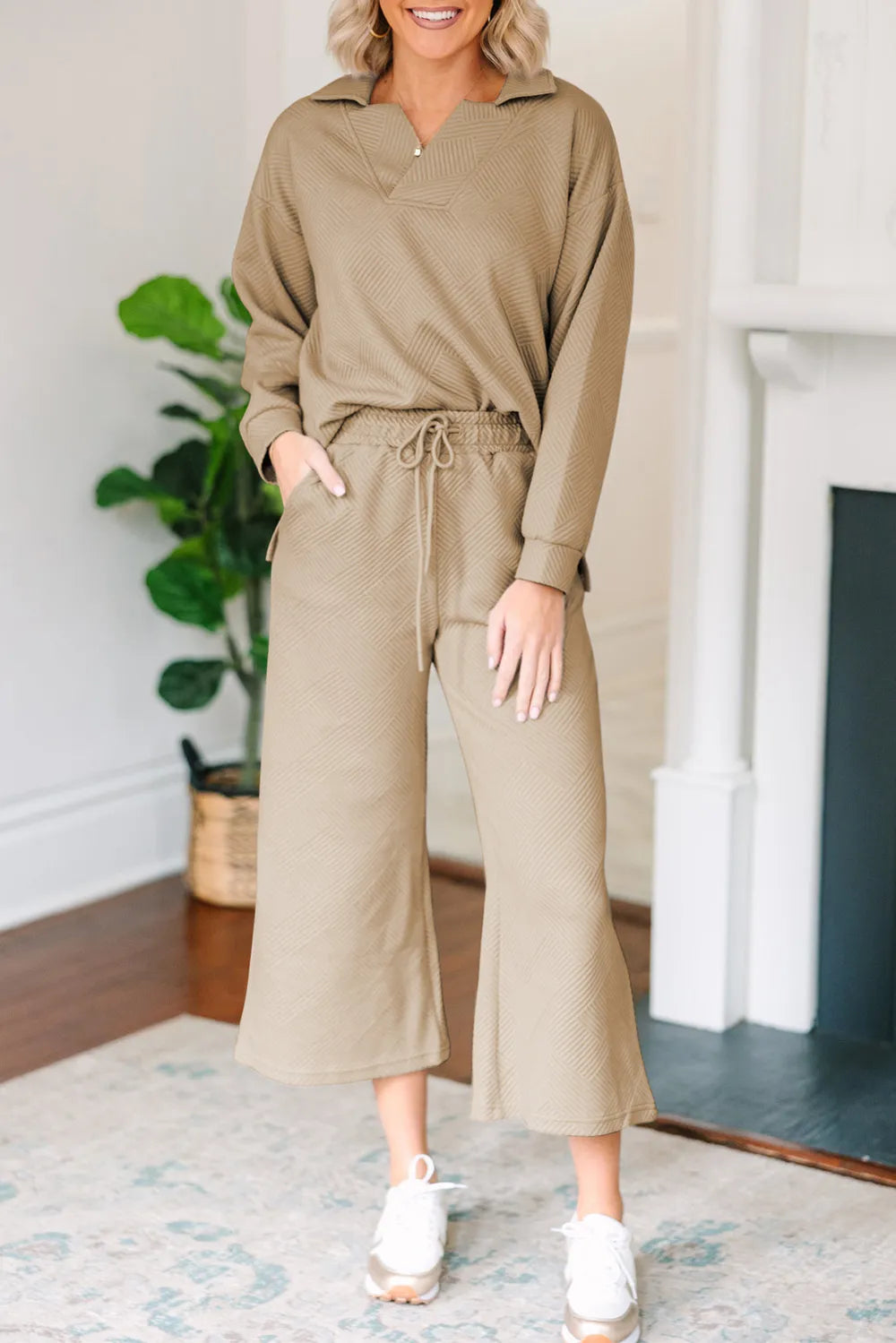 Textured Collared Neck Top and Wide Leg Pants Set.